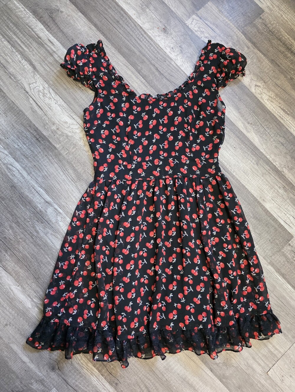 Vintage Rockabily Tripp Goth Black Cherry Print Short Sleeve Dress 90s Pinup - Picture 8 of 9